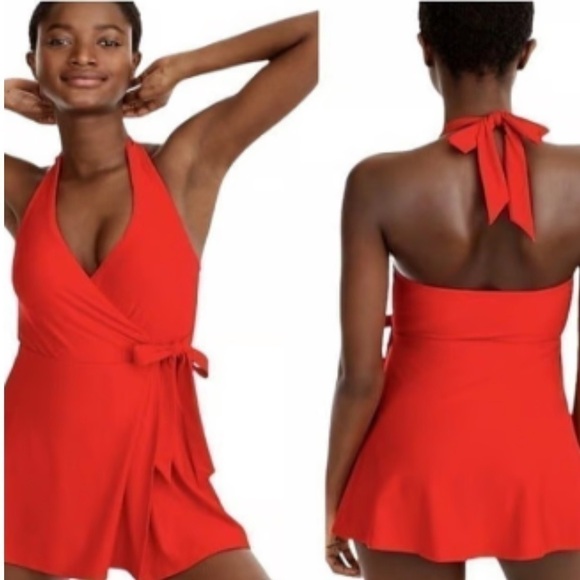 J. Crew Bright Red Halter Wrap Swimsuit/Swimdress Size 6 Preppy Resortwear - Picture 3 of 13